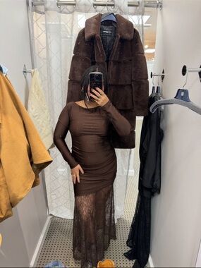 Brown Long Sleeve Lace Hem Bodycon Dress